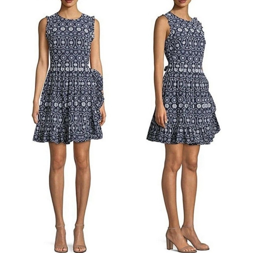Kate Spade Eyelet Lace Wrap Dress Navy Blue White NEW Ruffled Sleeveless Sz 0